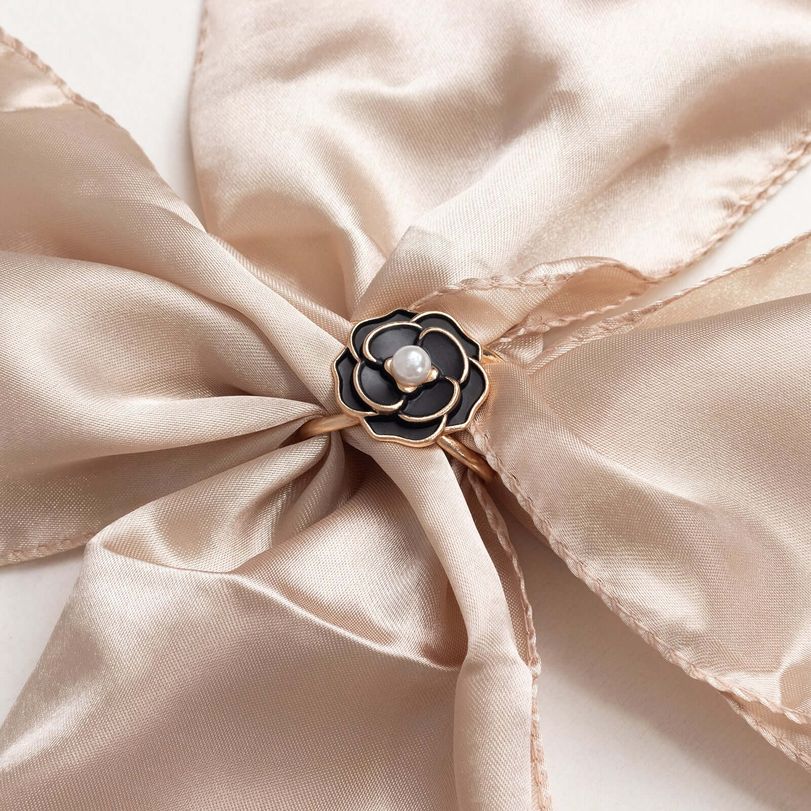 10 Pack Metal Chair Sash Pin Buckles Black 3D Rose Shaped - Stylish Pearl Floral Napkin Rings with Gold Rim - Bell Racket Store