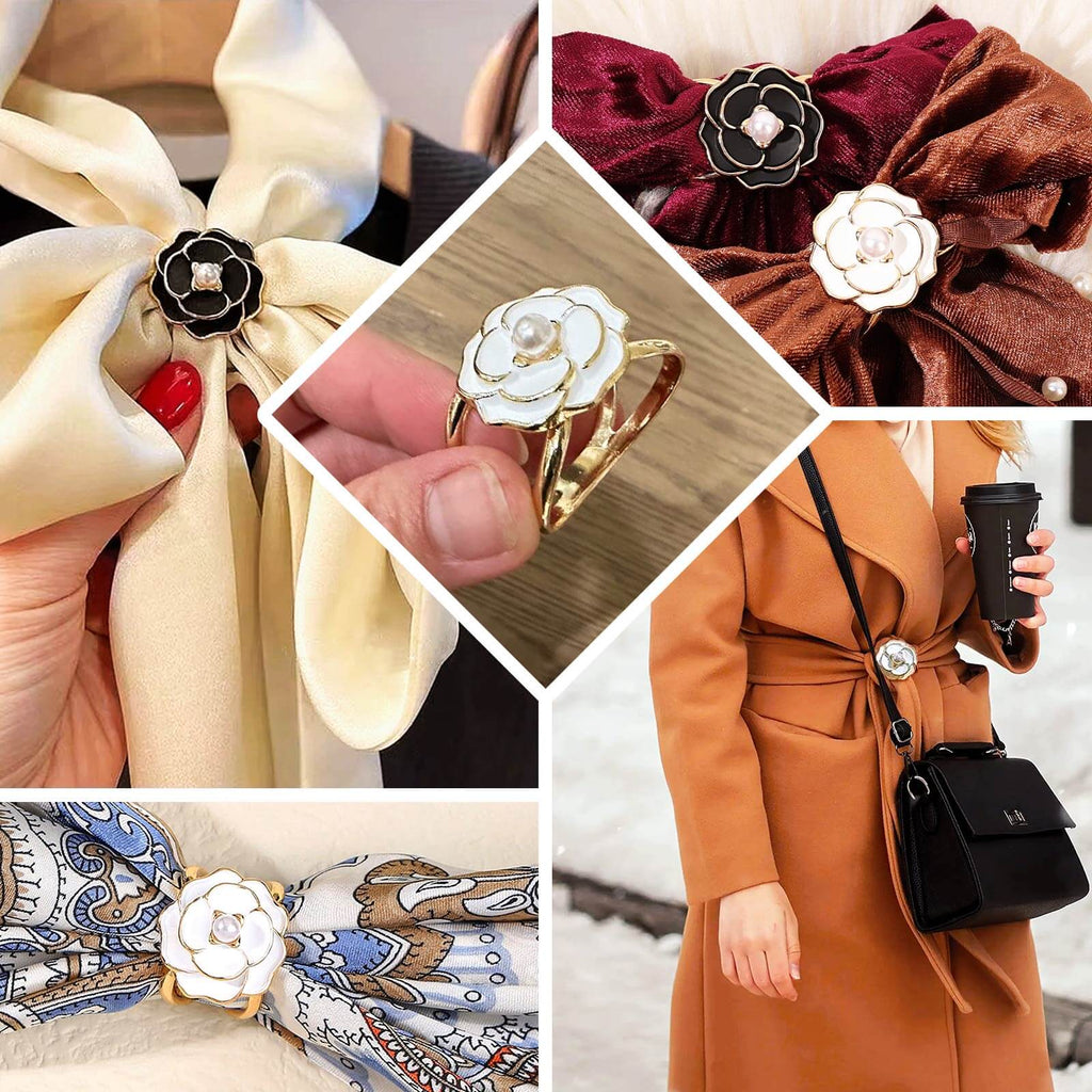 10 Pack Metal Chair Sash Pin Buckles Black 3D Rose Shaped - Stylish Pearl Floral Napkin Rings with Gold Rim - Bell Racket Store