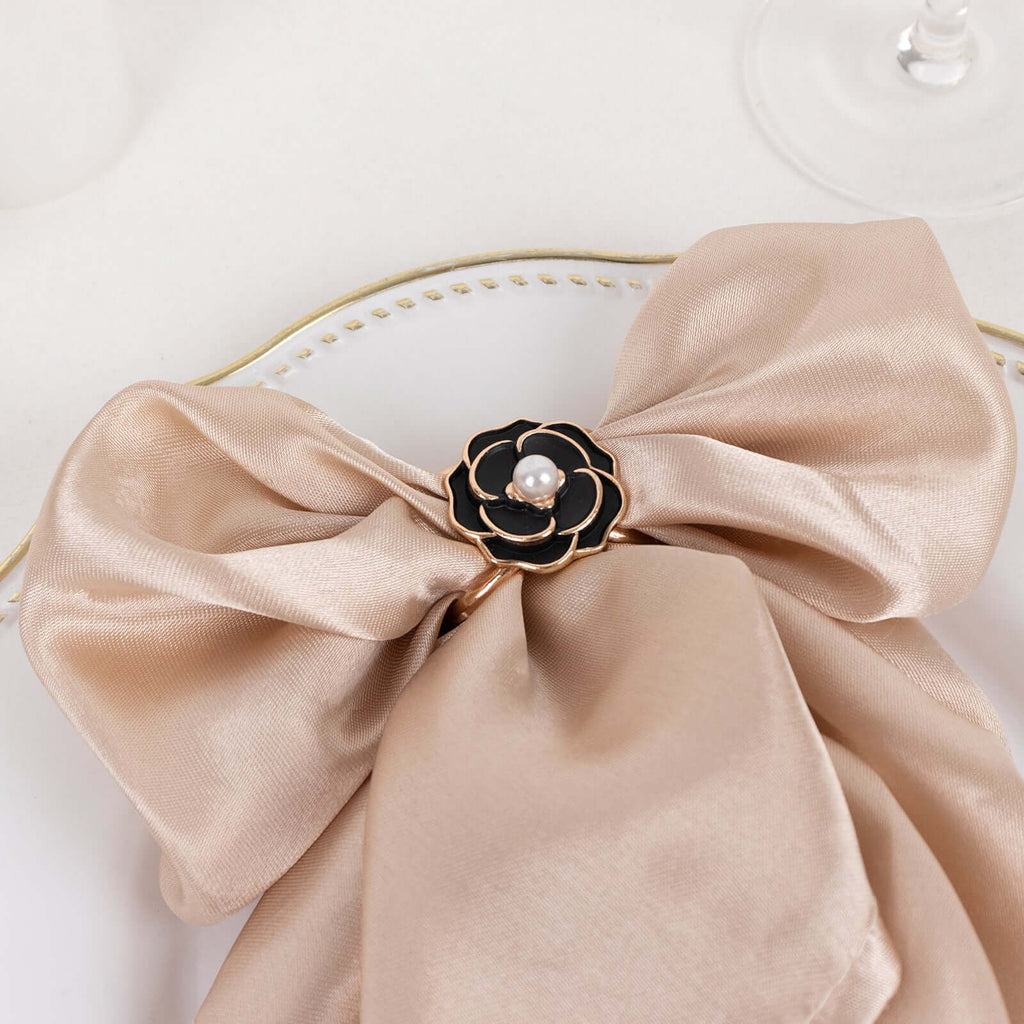 10 Pack Metal Chair Sash Pin Buckles Black 3D Rose Shaped - Stylish Pearl Floral Napkin Rings with Gold Rim - Bell Racket Store