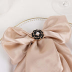 10 Pack Metal Chair Sash Pin Buckles Black 3D Rose Shaped - Stylish Pearl Floral Napkin Rings with Gold Rim - Bell Racket Store
