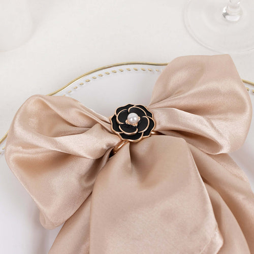 10 Pack Metal Chair Sash Pin Buckles Black 3D Rose Shaped - Stylish Pearl Floral Napkin Rings with Gold Rim - Bell Racket Store