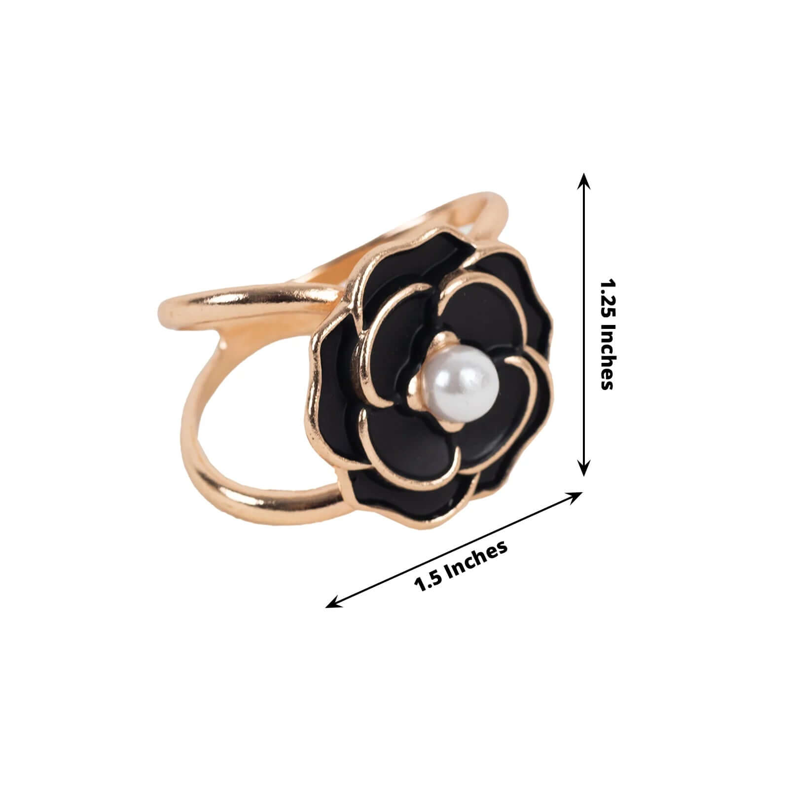 10 Pack Metal Chair Sash Pin Buckles Black 3D Rose Shaped - Stylish Pearl Floral Napkin Rings with Gold Rim - Bell Racket Store