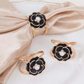 10 Pack Metal Chair Sash Pin Buckles Black 3D Rose Shaped - Stylish Pearl Floral Napkin Rings with Gold Rim - Bell Racket Store