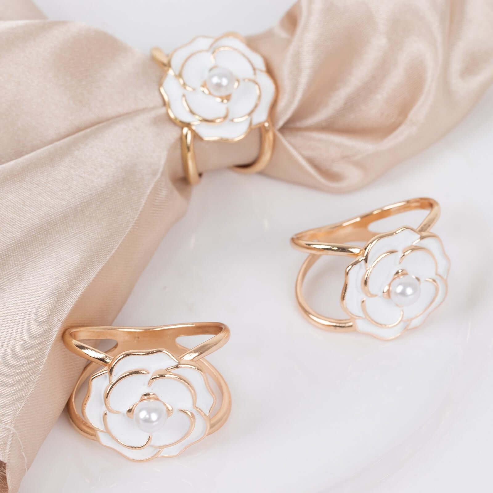 10 Pack Metal Chair Sash Pin Buckles White 3D Rose Shaped - Stylish Pearl Floral Napkin Rings with Gold Rim for Special Events - Bell Racket Store