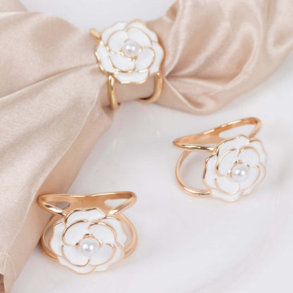 10 Pack Metal Chair Sash Pin Buckles White 3D Rose Shaped - Stylish Pearl Floral Napkin Rings with Gold Rim for Special Events - Bell Racket Store