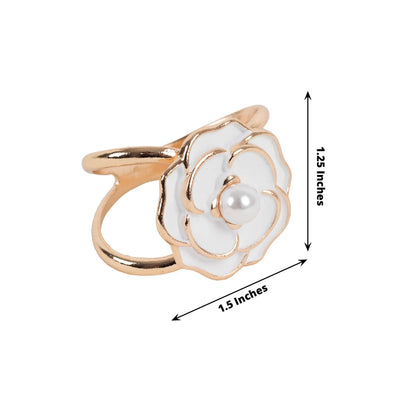 10 Pack Metal Chair Sash Pin Buckles White 3D Rose Shaped - Stylish Pearl Floral Napkin Rings with Gold Rim for Special Events - Bell Racket Store