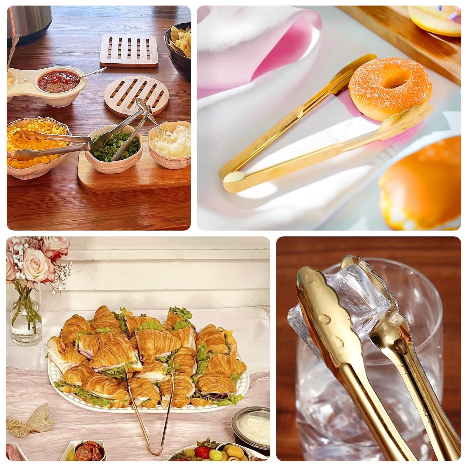 10 - Pack Metal Serving Tongs Gold - Stainless Steel Food Safe Kitchen Tongs with Scalloped Gripping Edge for Indoor & Outdoor Gatherings 9.5" - Bell Racket Store