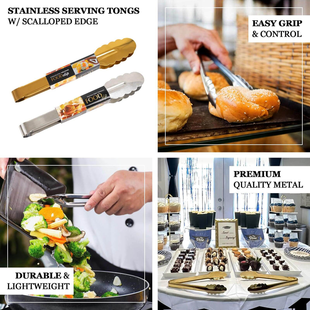 10 - Pack Metal Serving Tongs Gold - Stainless Steel Food Safe Kitchen Tongs with Scalloped Gripping Edge for Indoor & Outdoor Gatherings 9.5" - Bell Racket Store