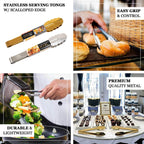 10 - Pack Metal Serving Tongs Gold - Stainless Steel Food Safe Kitchen Tongs with Scalloped Gripping Edge for Indoor & Outdoor Gatherings 9.5" - Bell Racket Store