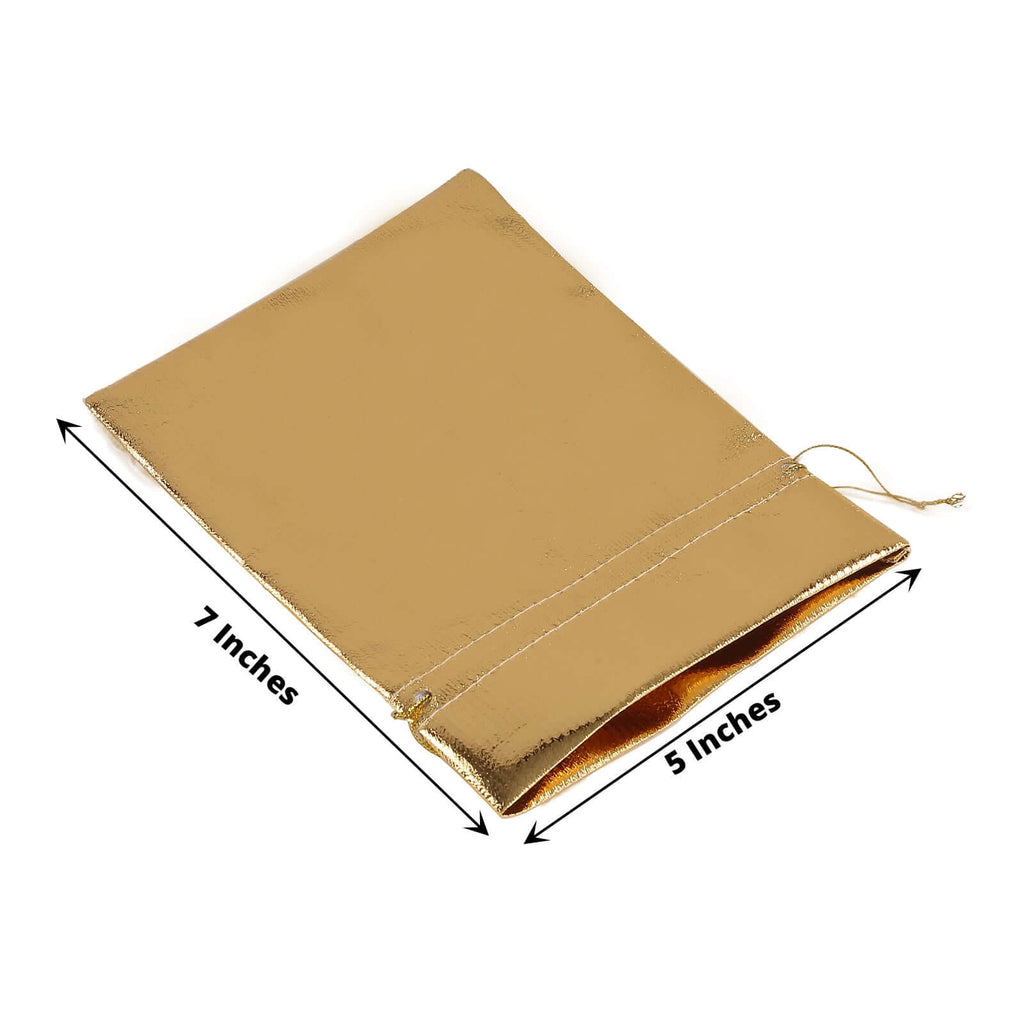 10 Pack Metallic Gold Lame Polyester 5"x7" Party Favor Gift Bags, Shiny Fabric Drawstring Candy Pouch - Bell Racket Store