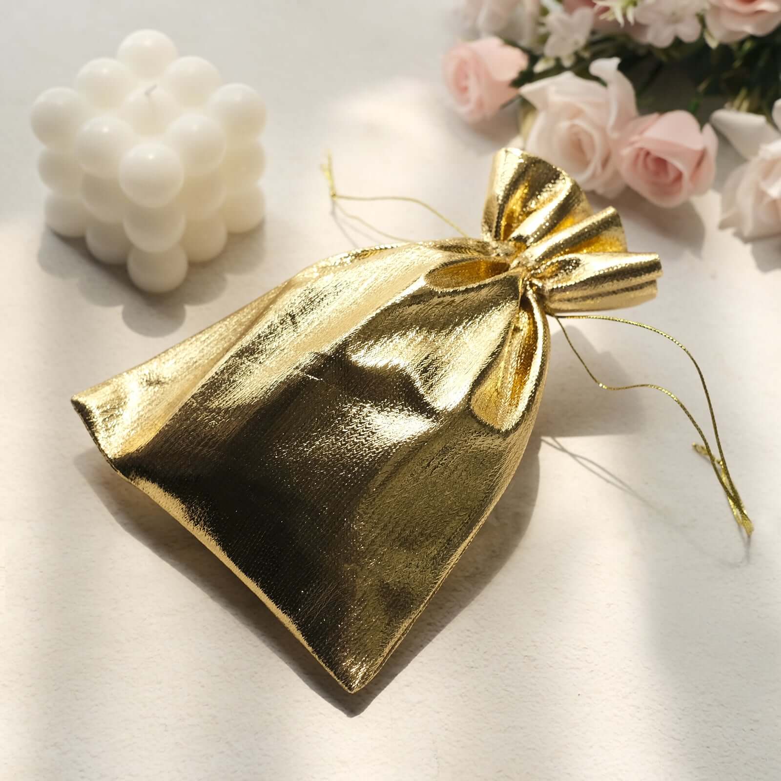 10 Pack Metallic Gold Lame Polyester 5"x7" Party Favor Gift Bags, Shiny Fabric Drawstring Candy Pouch - Bell Racket Store