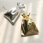 10 Pack Metallic Gold Lame Polyester 5"x7" Party Favor Gift Bags, Shiny Fabric Drawstring Candy Pouch - Bell Racket Store
