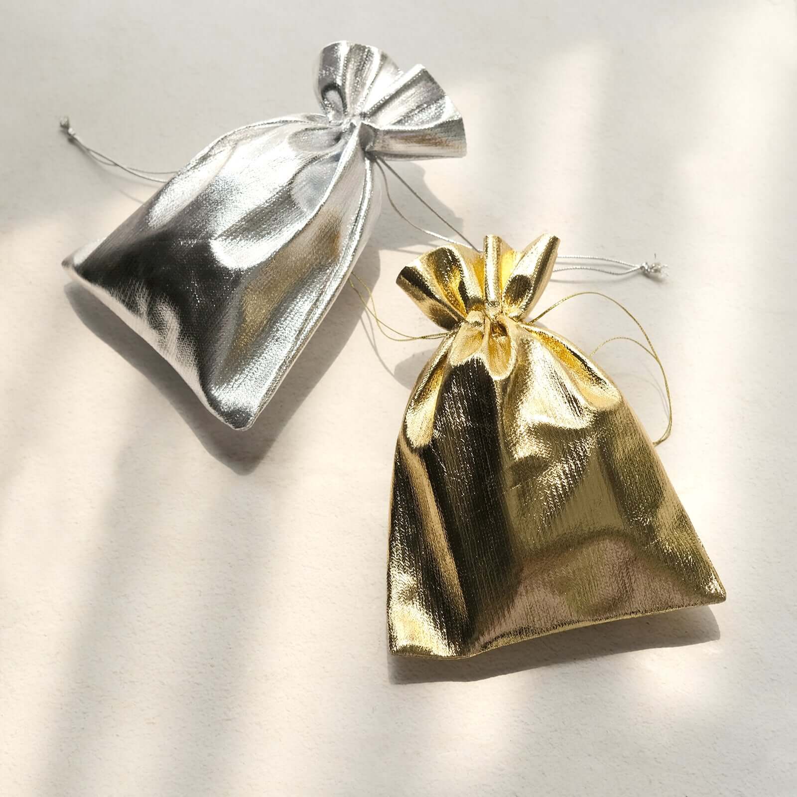 10 Pack Metallic Gold Lame Polyester 5"x7" Party Favor Gift Bags, Shiny Fabric Drawstring Candy Pouch - Bell Racket Store