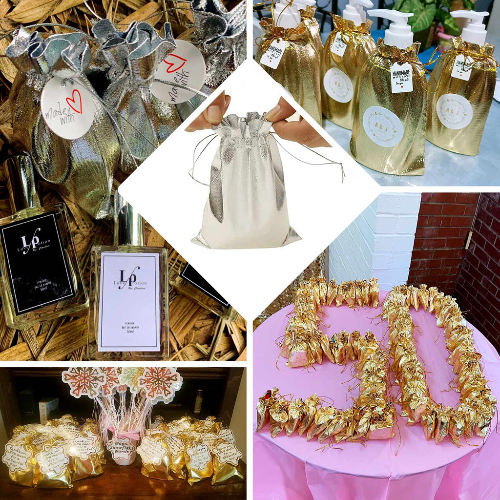 10 Pack Metallic Gold Lame Polyester 5"x7" Party Favor Gift Bags, Shiny Fabric Drawstring Candy Pouch - Bell Racket Store