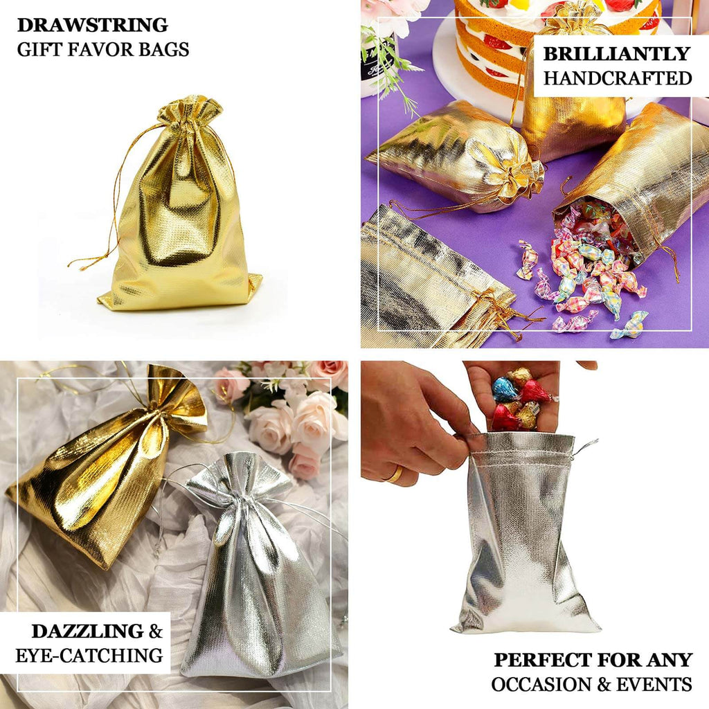 10 Pack Metallic Silver Lame Polyester 5"x7" Party Favor Gift Bags, Shiny Fabric Drawstring Candy Pouch - Bell Racket Store