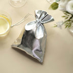 10 Pack Metallic Silver Lame Polyester 5"x7" Party Favor Gift Bags, Shiny Fabric Drawstring Candy Pouch - Bell Racket Store