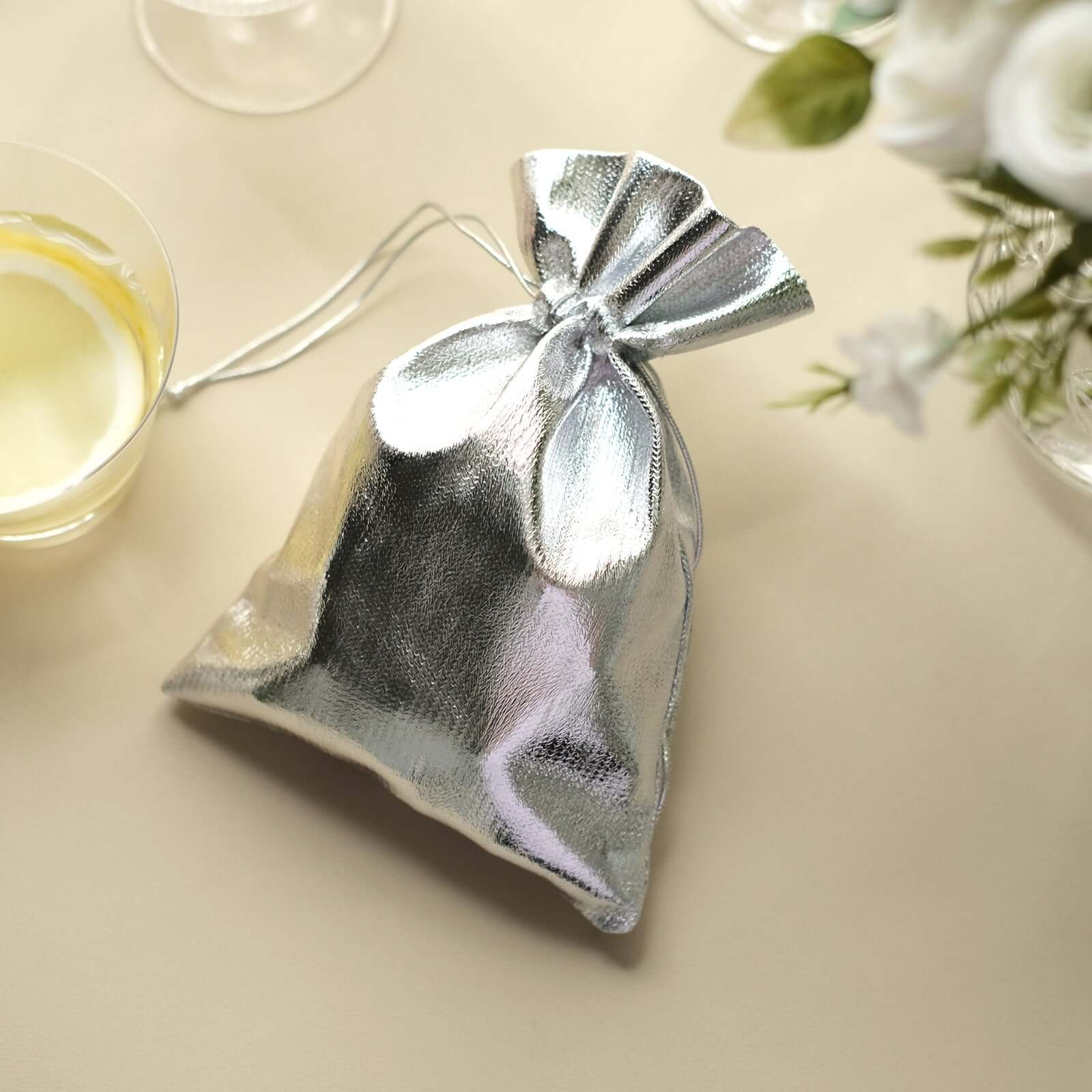 10 Pack Metallic Silver Lame Polyester 5"x7" Party Favor Gift Bags, Shiny Fabric Drawstring Candy Pouch - Bell Racket Store