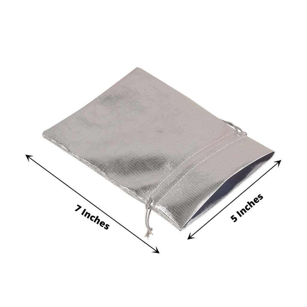 10 Pack Metallic Silver Lame Polyester 5"x7" Party Favor Gift Bags, Shiny Fabric Drawstring Candy Pouch - Bell Racket Store