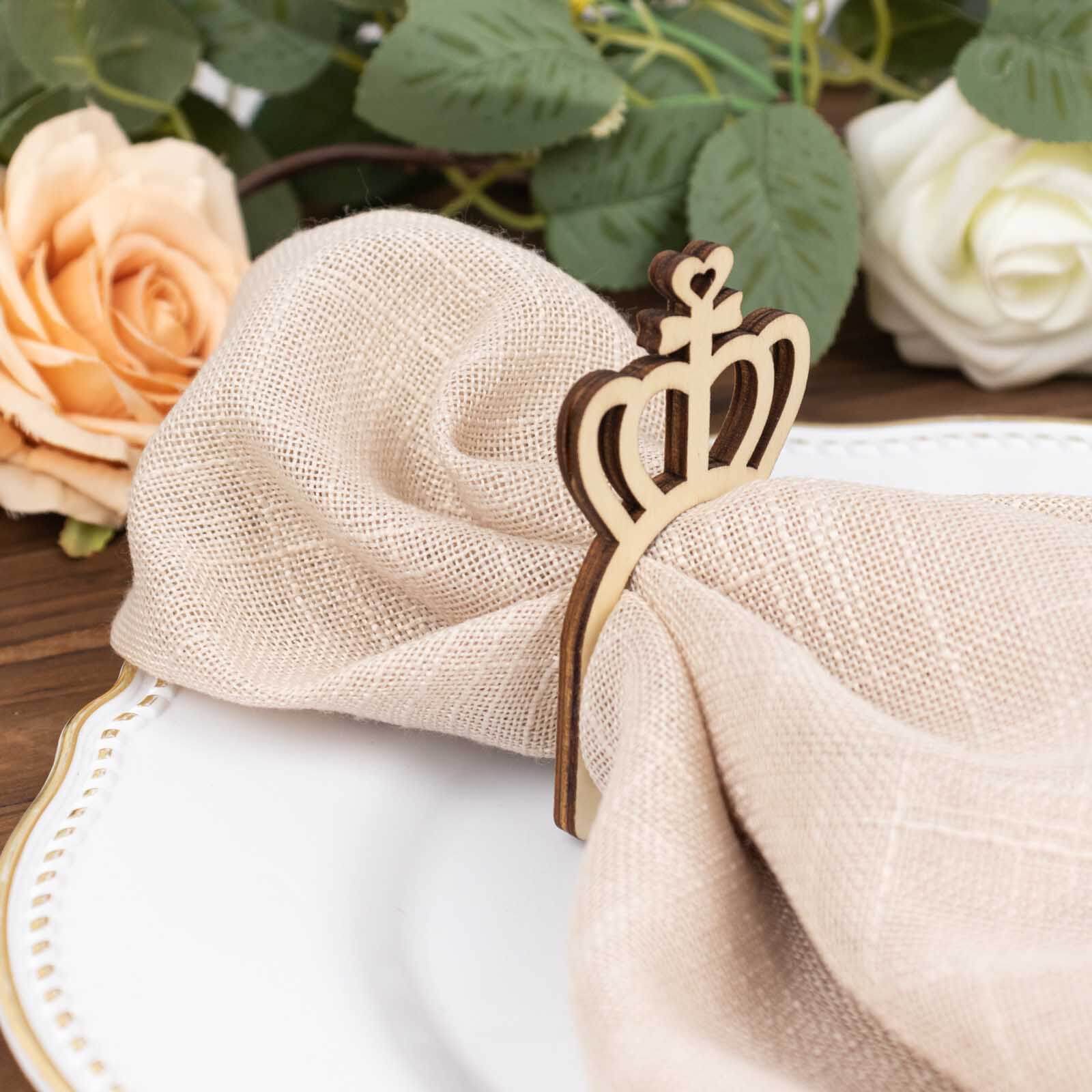 10 Pack Natural Wooden Princess Crown Farmhouse Napkin Holders, 3" Boho Rustic Napkin Rings - Bell Racket Store