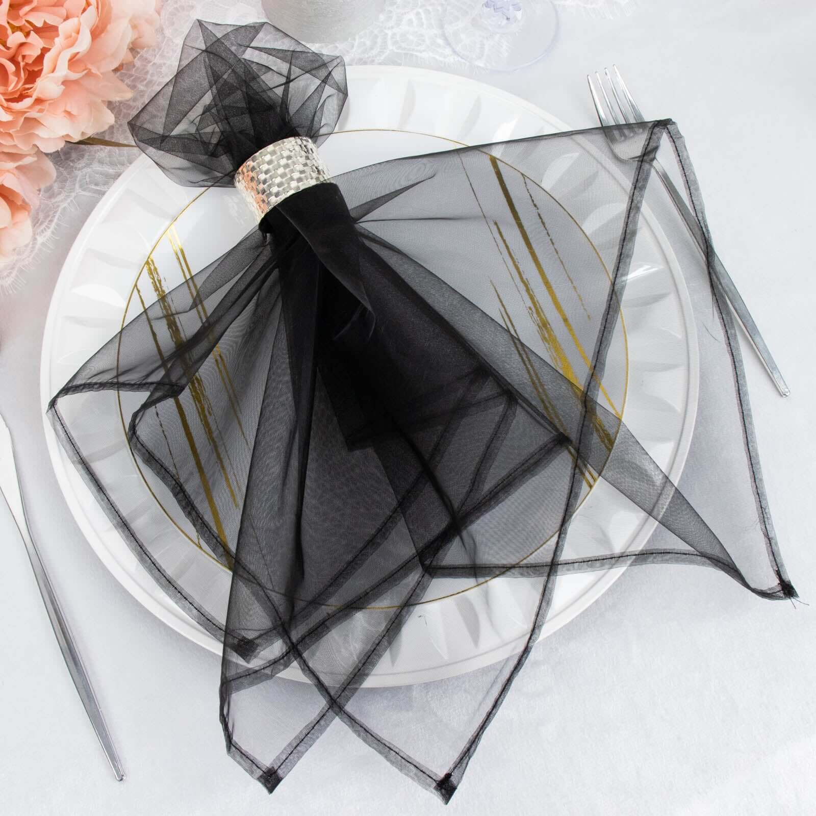 10 Pack Organza 23"x23" Napkins Black - Sheer Cloth Napkins