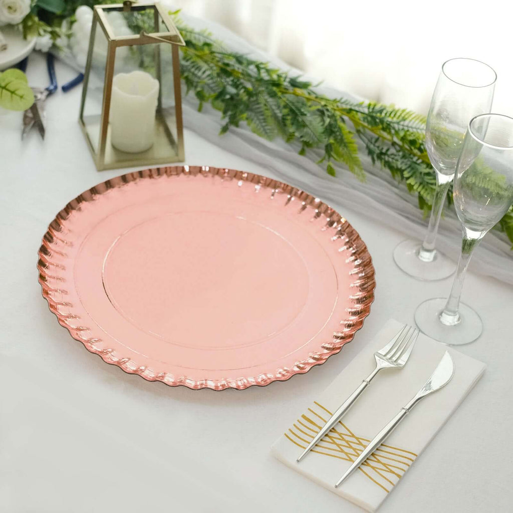 10 - Pack Paper 13" Round Charger Plates in Rose Gold with Scalloped Rims - Heavy Duty Disposable 1100GSM Serving Trays - Bell Racket Store