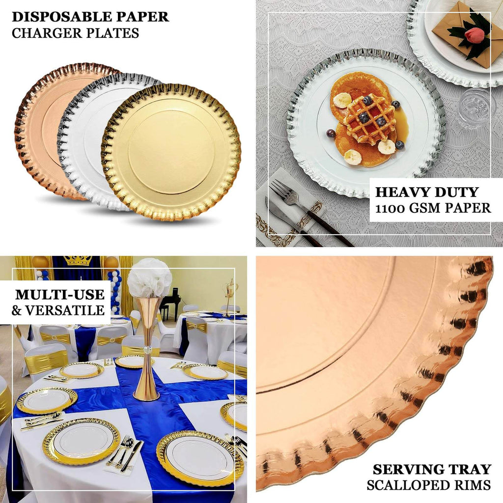 10 - Pack Paper 13" Round Charger Plates in Rose Gold with Scalloped Rims - Heavy Duty Disposable 1100GSM Serving Trays - Bell Racket Store