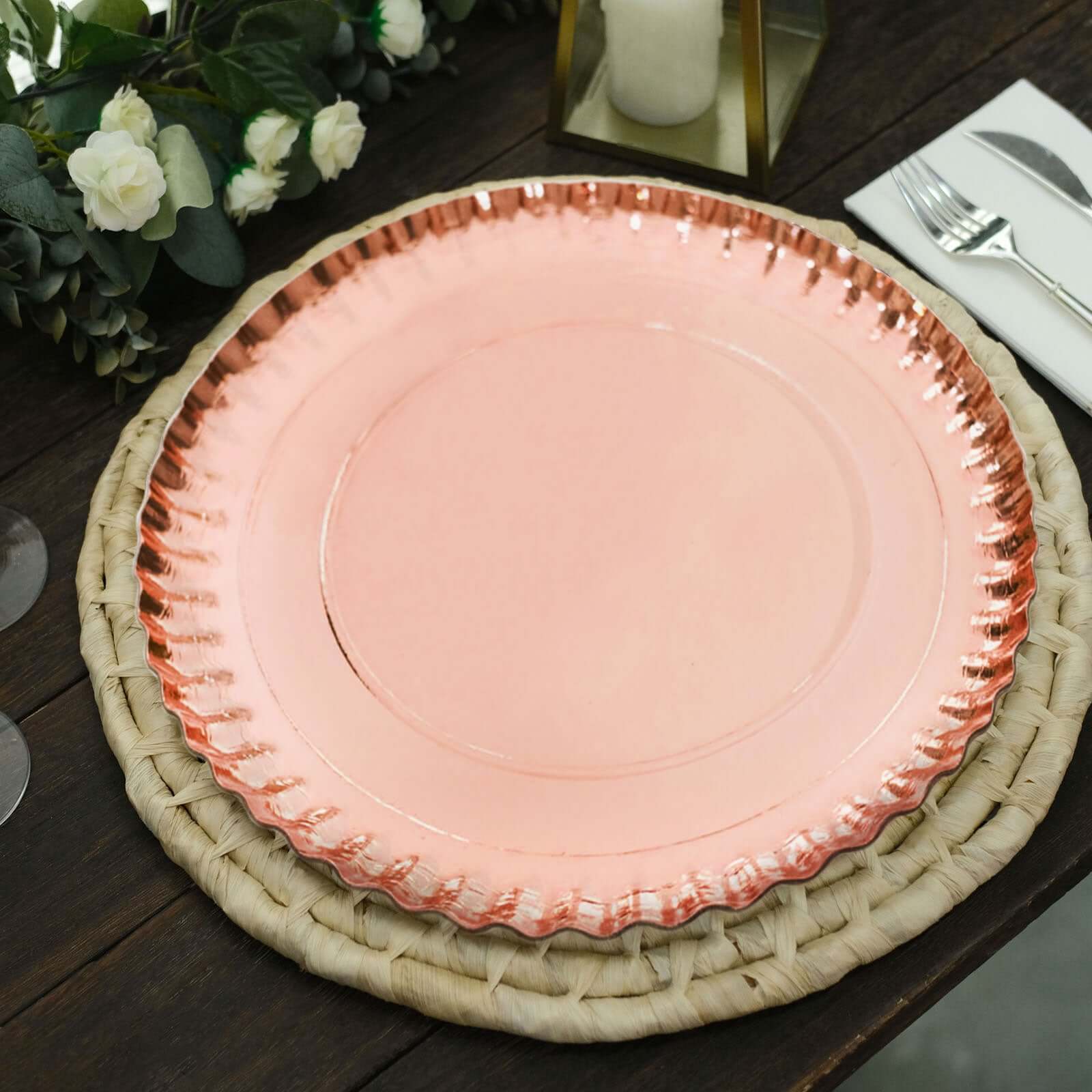 10 - Pack Paper 13" Round Charger Plates in Rose Gold with Scalloped Rims - Heavy Duty Disposable 1100GSM Serving Trays - Bell Racket Store
