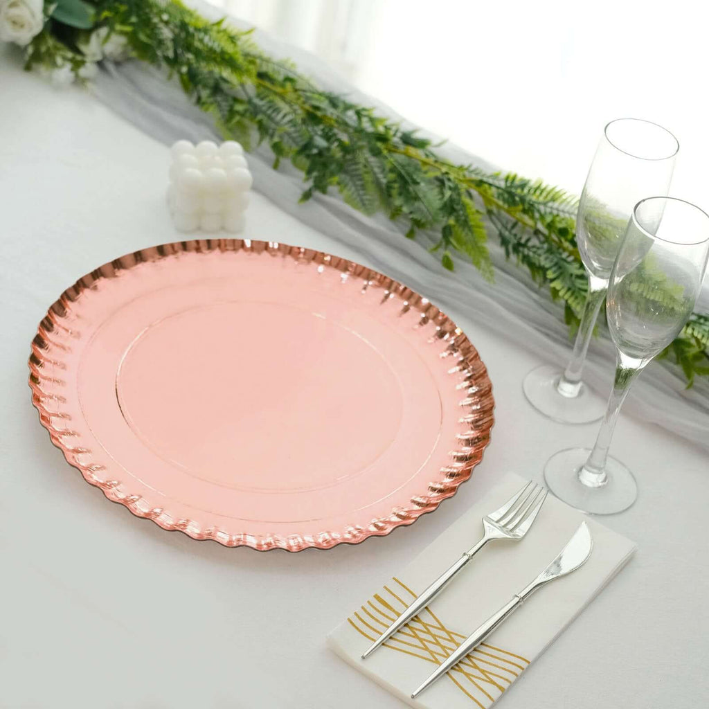 10 - Pack Paper 13" Round Charger Plates in Rose Gold with Scalloped Rims - Heavy Duty Disposable 1100GSM Serving Trays - Bell Racket Store