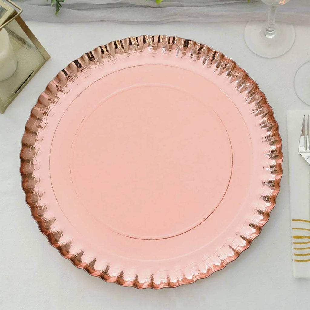 10 - Pack Paper 13" Round Charger Plates in Rose Gold with Scalloped Rims - Heavy Duty Disposable 1100GSM Serving Trays - Bell Racket Store