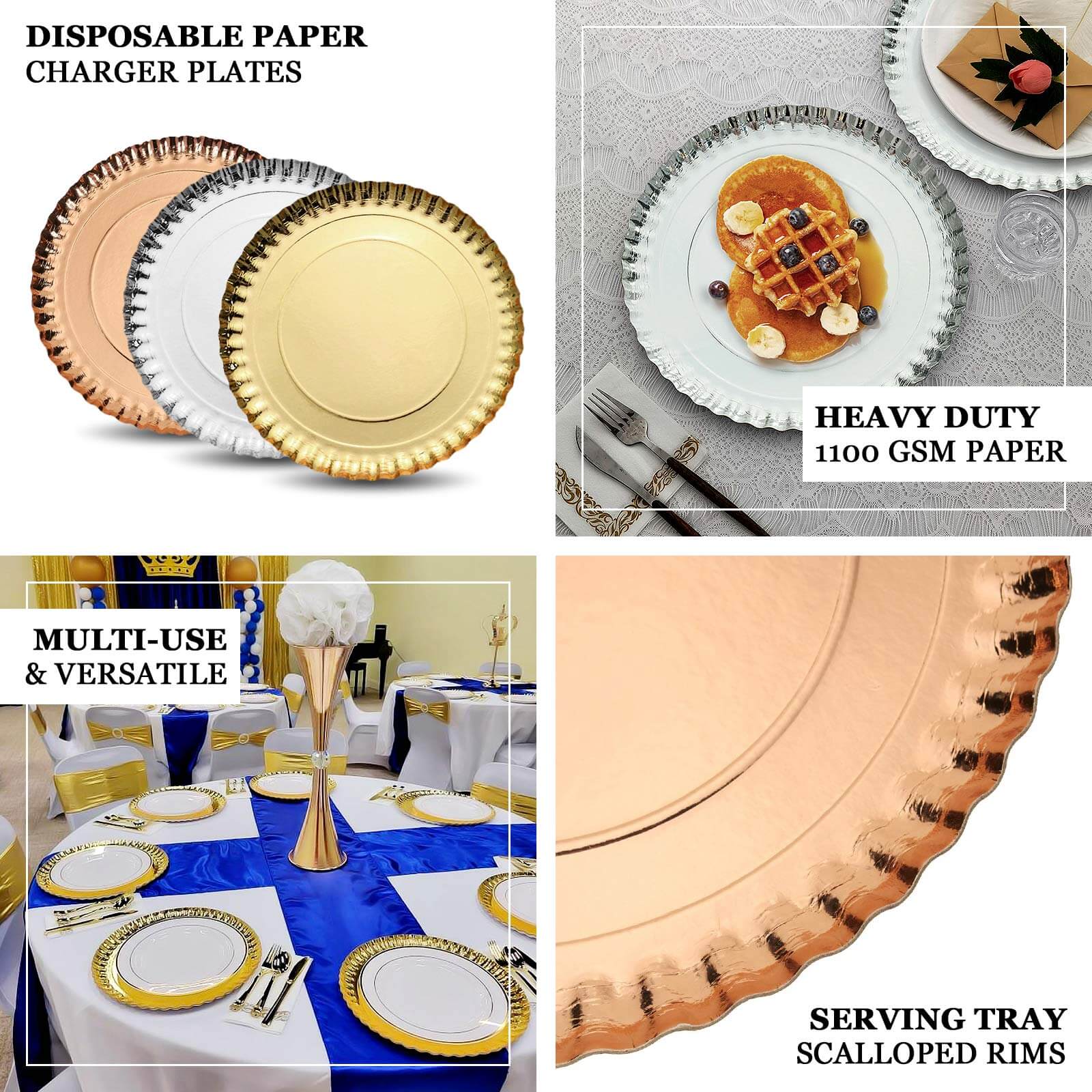 10 - Pack Paper 13" Round Charger Plates in Silver with Scalloped Rims - Heavy Duty Disposable 1100GSM Serving Trays for Glam Events & Wedding Receptions - Bell Racket Store