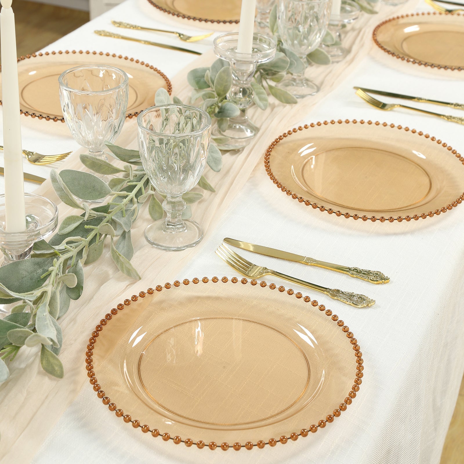 10 - Pack Plastic 10" Round Dinner Plates in Amber Gold with Beaded Rim - Disposable Party Plates for Banquets & Festive Occasions - Bell Racket Store