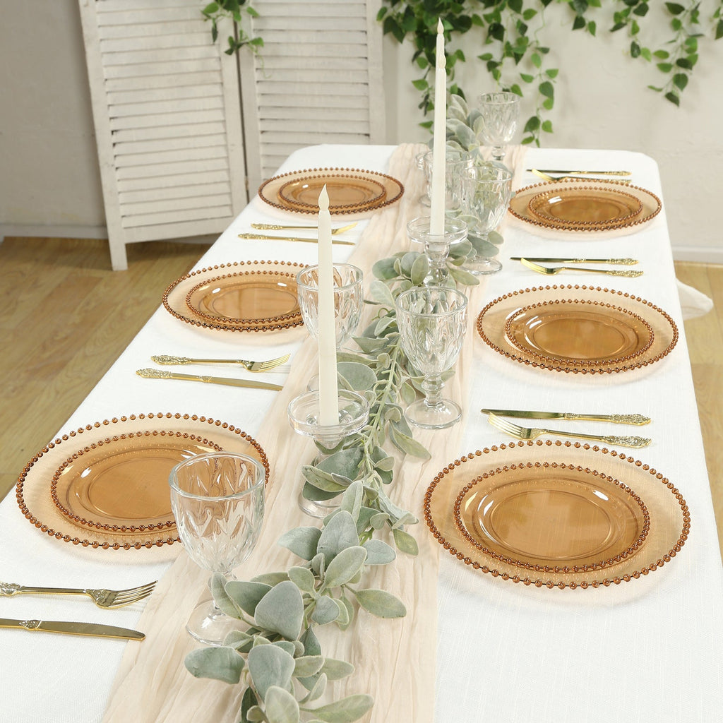 10 - Pack Plastic 10" Round Dinner Plates in Amber Gold with Beaded Rim - Disposable Party Plates for Banquets & Festive Occasions - Bell Racket Store