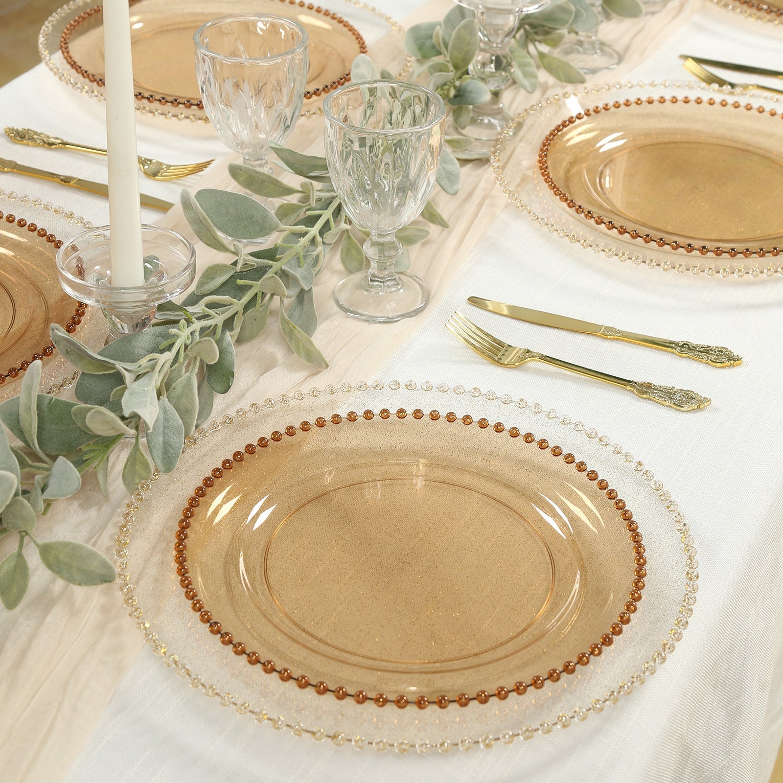 10 - Pack Plastic 10" Round Dinner Plates in Amber Gold with Beaded Rim - Disposable Party Plates for Banquets & Festive Occasions - Bell Racket Store