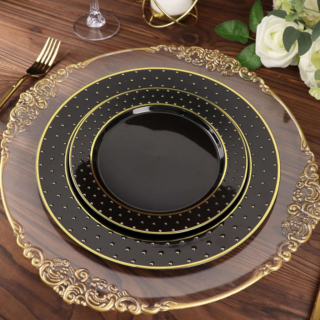 10 - Pack Plastic 10" Round Dinner Plates in Black with Gold 3D Polka Dotted Rim - Sturdy Disposable Party Plates for Modern Themed Events & Banquets - Bell Racket Store