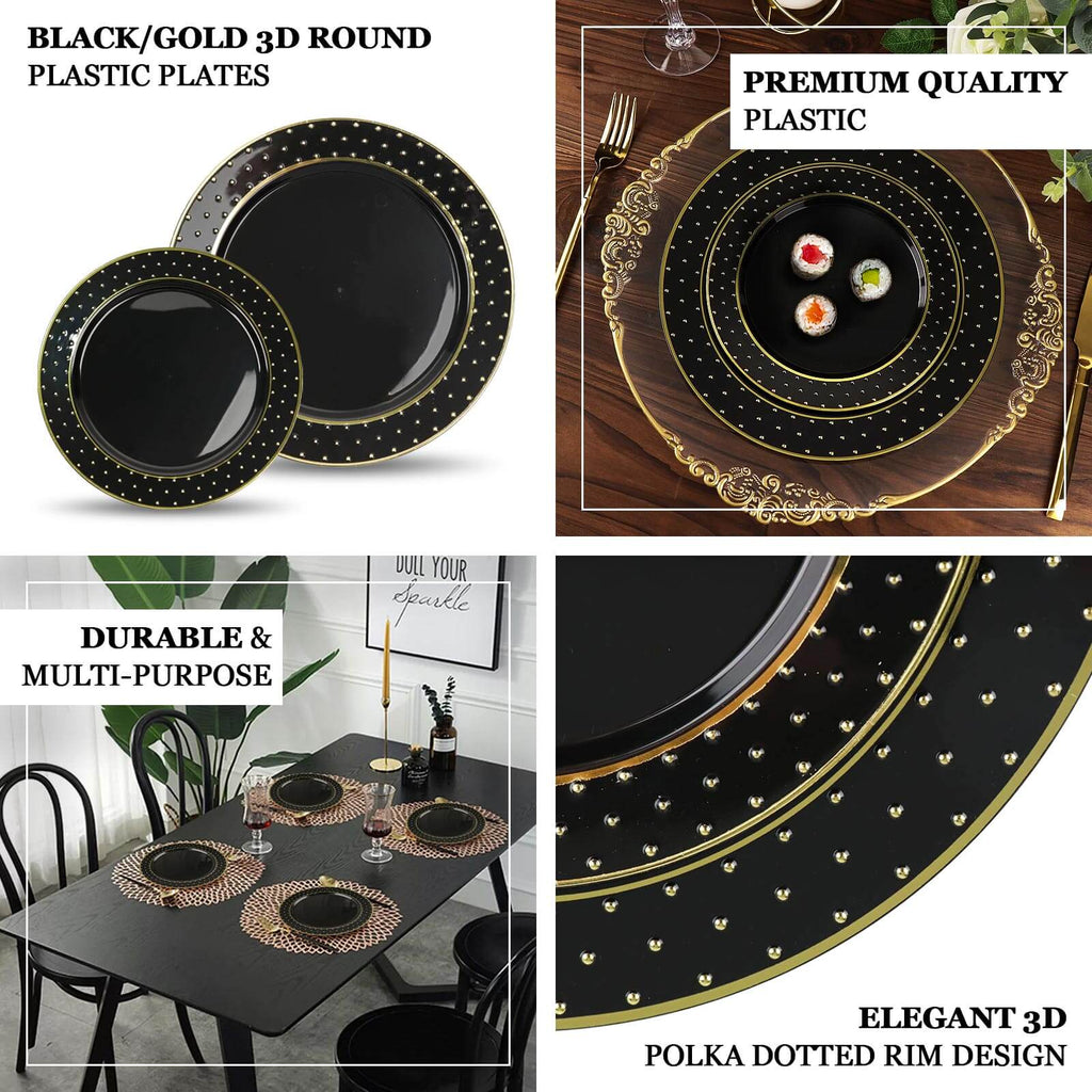 10 - Pack Plastic 10" Round Dinner Plates in Black with Gold 3D Polka Dotted Rim - Sturdy Disposable Party Plates for Modern Themed Events & Banquets - Bell Racket Store