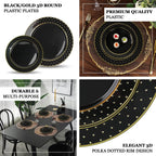 10 - Pack Plastic 10" Round Dinner Plates in Black with Gold 3D Polka Dotted Rim - Sturdy Disposable Party Plates for Modern Themed Events & Banquets - Bell Racket Store