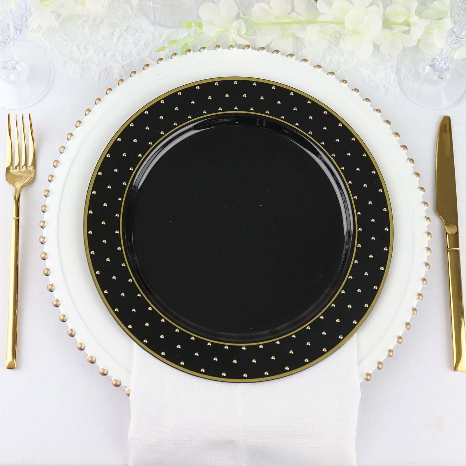 10 - Pack Plastic 10" Round Dinner Plates in Black with Gold 3D Polka Dotted Rim - Sturdy Disposable Party Plates for Modern Themed Events & Banquets - Bell Racket Store