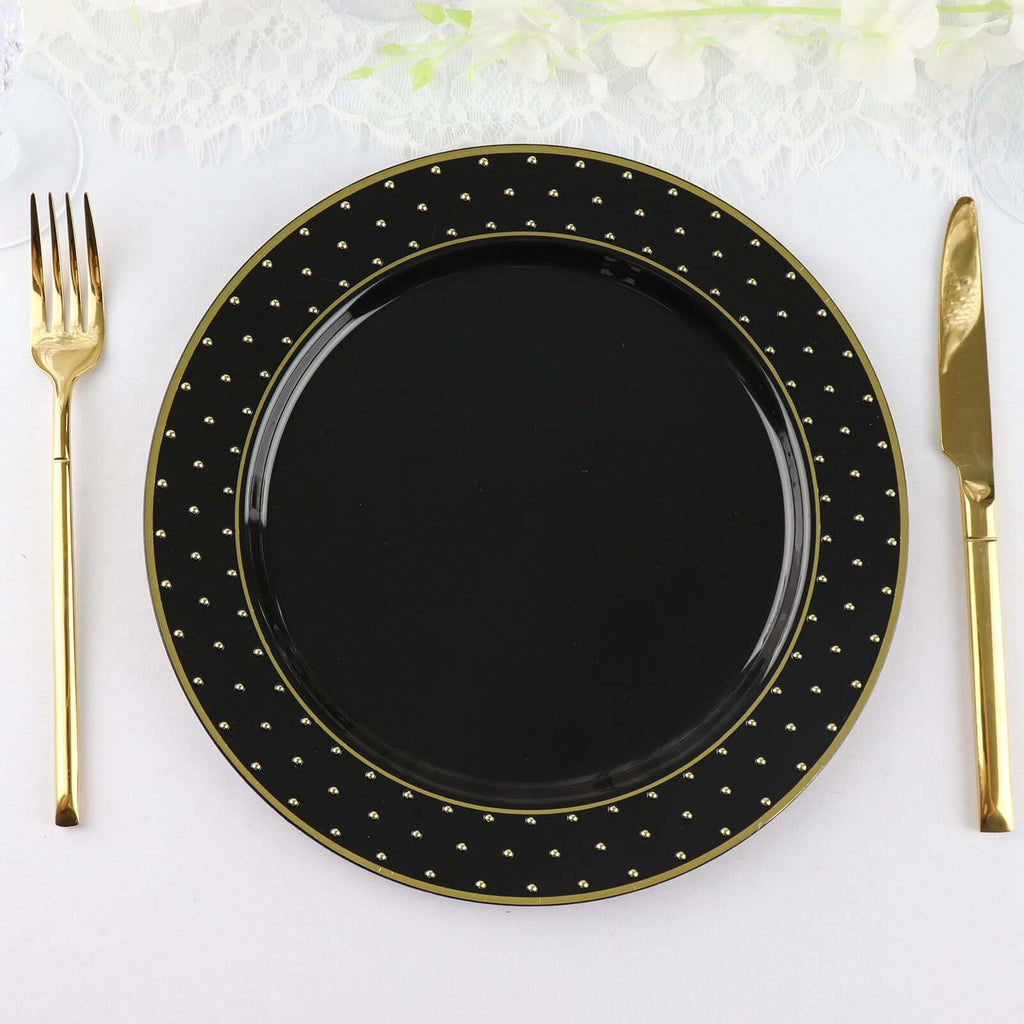 10 - Pack Plastic 10" Round Dinner Plates in Black with Gold 3D Polka Dotted Rim - Sturdy Disposable Party Plates for Modern Themed Events & Banquets - Bell Racket Store