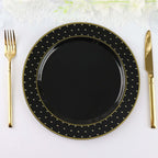 10 - Pack Plastic 10" Round Dinner Plates in Black with Gold 3D Polka Dotted Rim - Sturdy Disposable Party Plates for Modern Themed Events & Banquets - Bell Racket Store