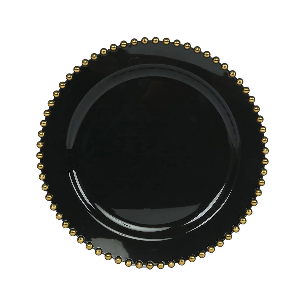 10 - Pack Plastic 10" Round Dinner Plates in Black with Gold Beaded Rim - Disposable Party Plates for Banquets & Festive Occasions - Bell Racket Store