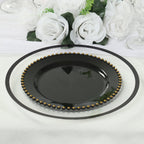 10 - Pack Plastic 10" Round Dinner Plates in Black with Gold Beaded Rim - Disposable Party Plates for Banquets & Festive Occasions - Bell Racket Store