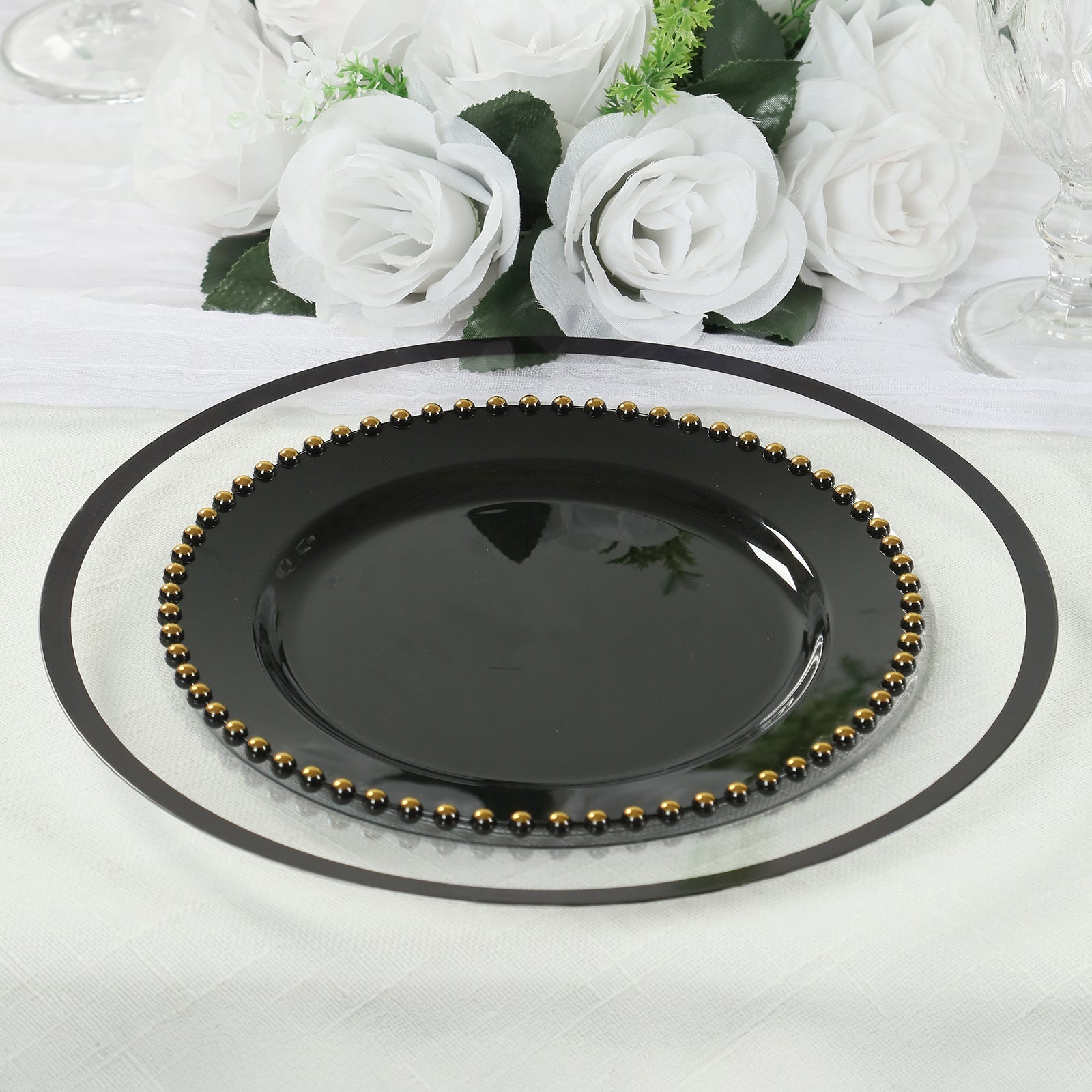 10 - Pack Plastic 10" Round Dinner Plates in Black with Gold Beaded Rim - Disposable Party Plates for Banquets & Festive Occasions - Bell Racket Store
