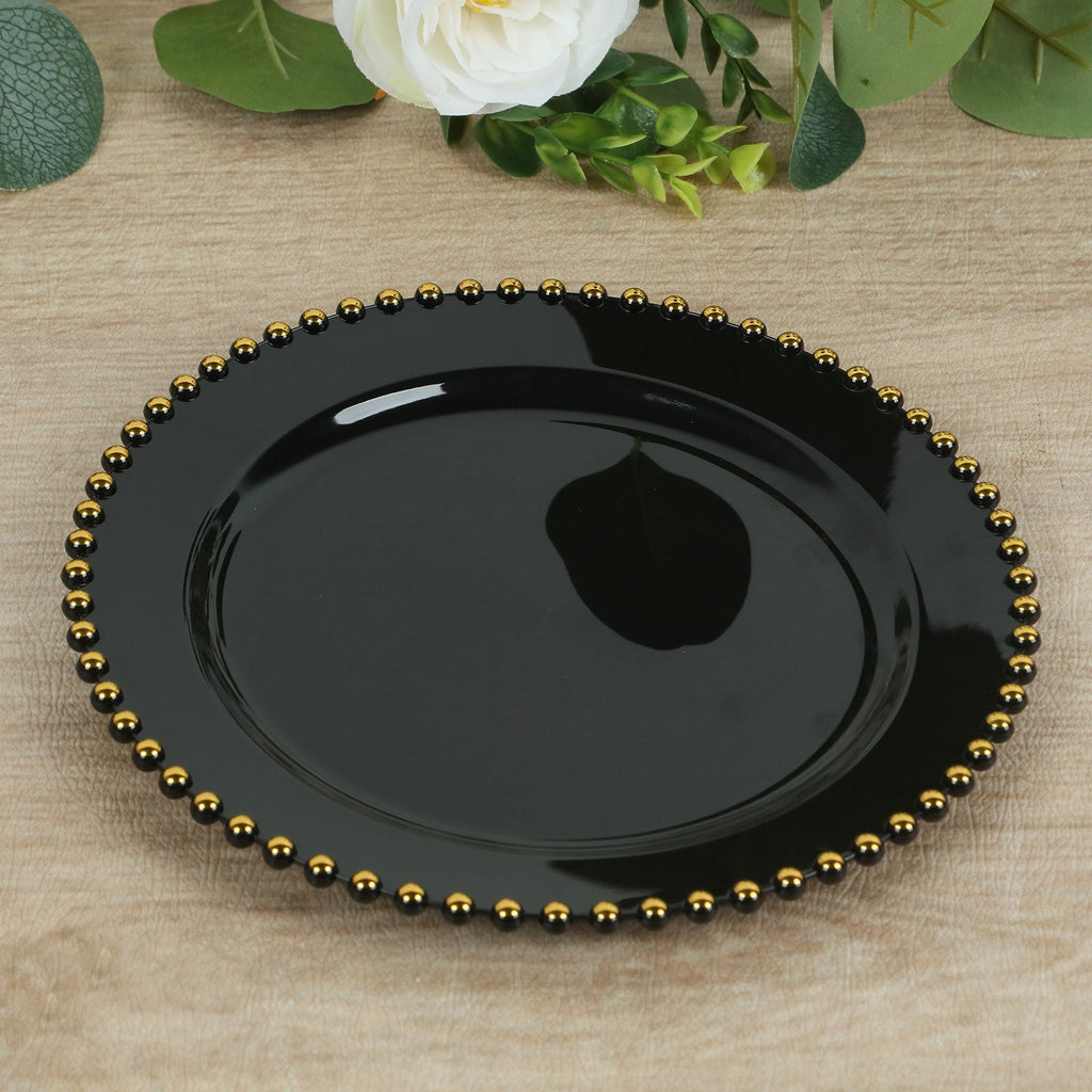 10 - Pack Plastic 10" Round Dinner Plates in Black with Gold Beaded Rim - Disposable Party Plates for Banquets & Festive Occasions - Bell Racket Store