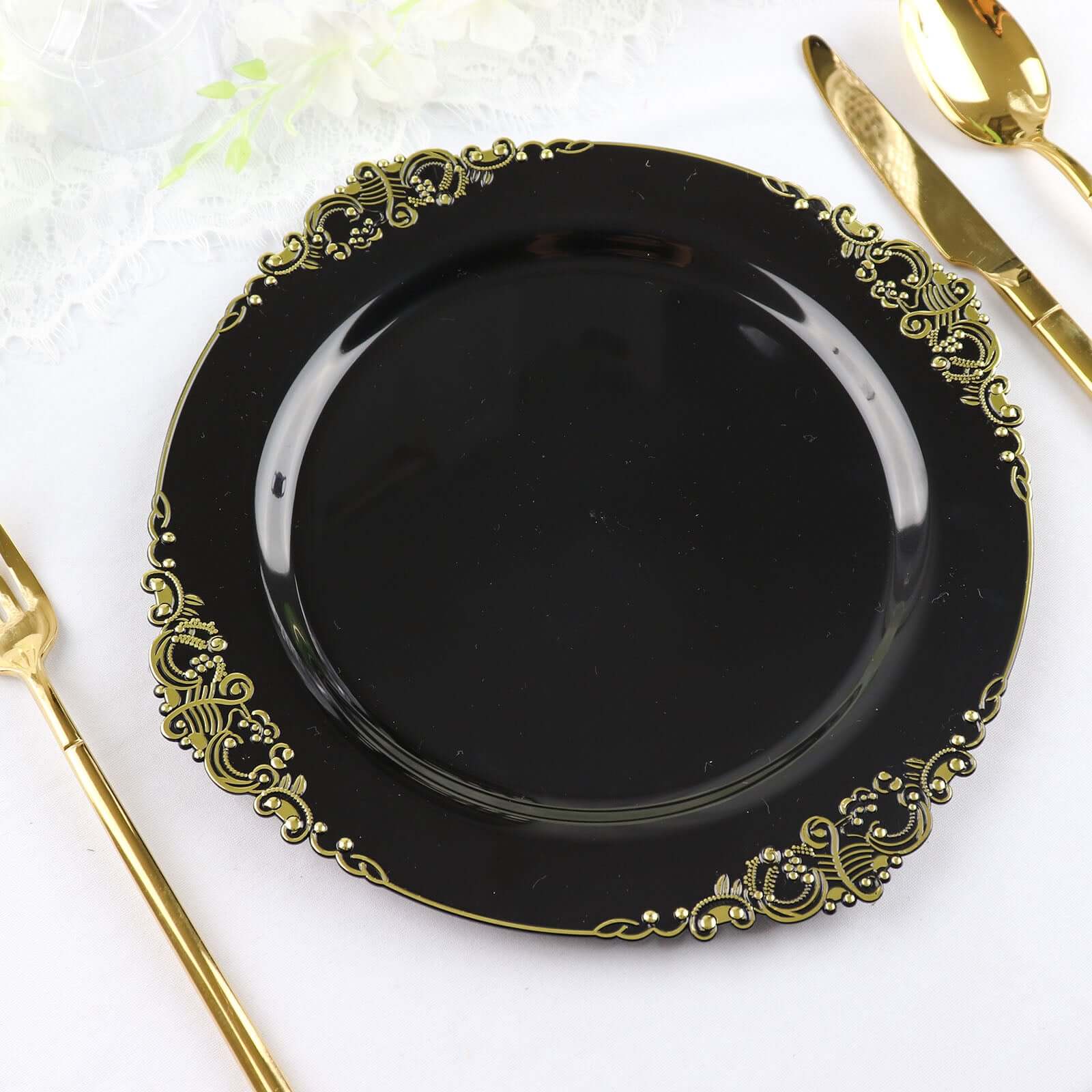10 - Pack Plastic 10" Round Dinner Plates in Black with Gold Leaf Embossed Rim - Disposable Vintage Baroque Style Plates for Luxurious Gatherings & Events - Bell Racket Store