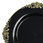 10 - Pack Plastic 10" Round Dinner Plates in Black with Gold Leaf Embossed Rim - Disposable Vintage Baroque Style Plates for Luxurious Gatherings & Events - Bell Racket Store