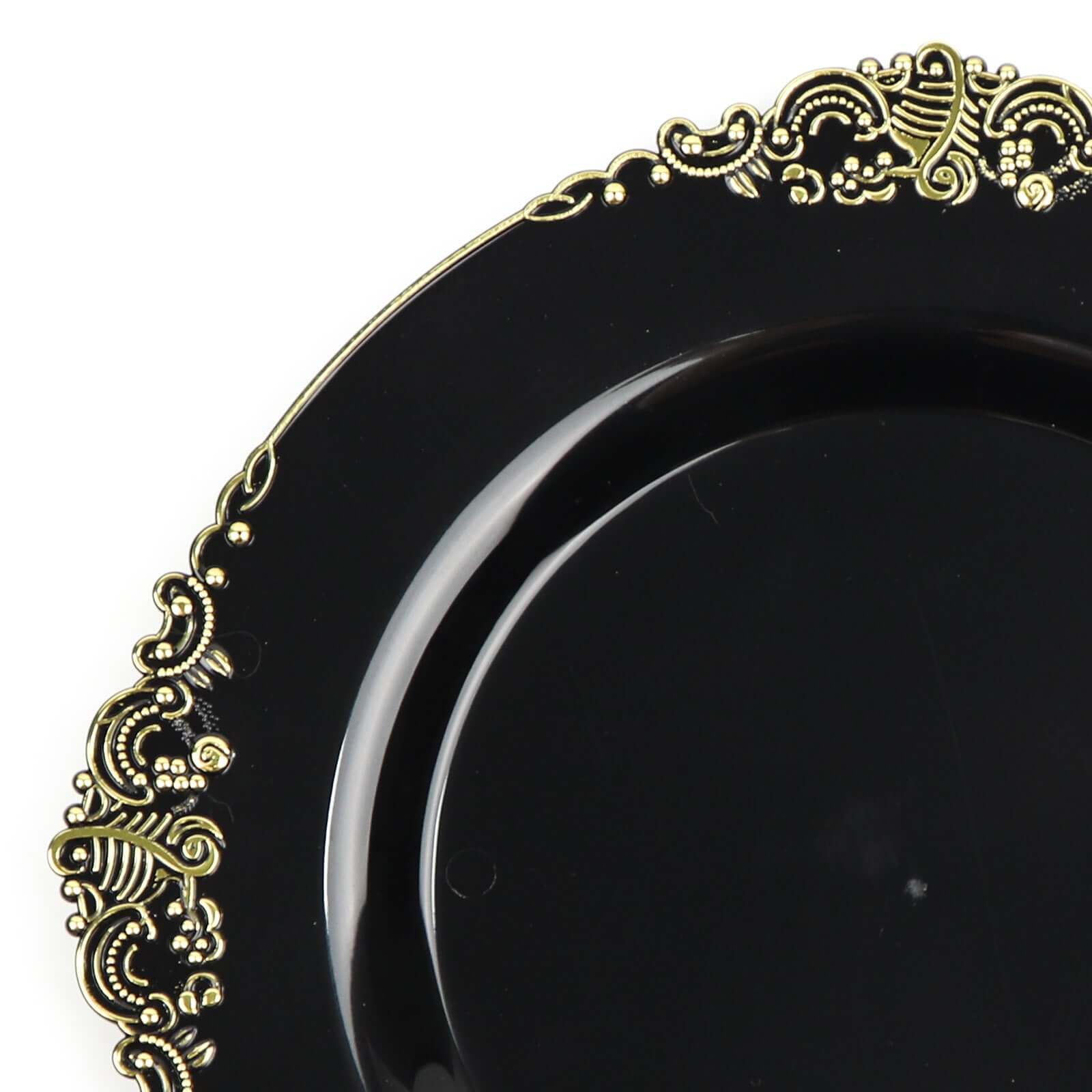 10 - Pack Plastic 10" Round Dinner Plates in Black with Gold Leaf Embossed Rim - Disposable Vintage Baroque Style Plates for Luxurious Gatherings & Events - Bell Racket Store