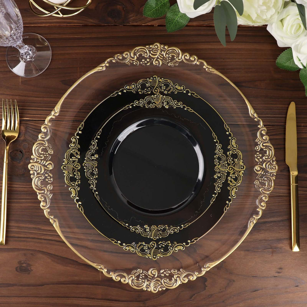 10 - Pack Plastic 10" Round Dinner Plates in Black with Gold Leaf Embossed Rim - Disposable Vintage Baroque Style Plates for Luxurious Gatherings & Events - Bell Racket Store