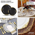 10 - Pack Plastic 10" Round Dinner Plates in Black with Gold Leaf Embossed Rim - Disposable Vintage Baroque Style Plates for Luxurious Gatherings & Events - Bell Racket Store