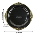 10 - Pack Plastic 10" Round Dinner Plates in Black with Gold Leaf Embossed Rim - Disposable Vintage Baroque Style Plates for Luxurious Gatherings & Events - Bell Racket Store