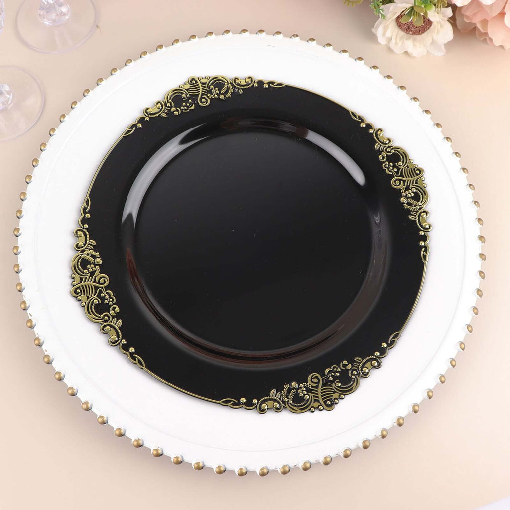 10 - Pack Plastic 10" Round Dinner Plates in Black with Gold Leaf Embossed Rim - Disposable Vintage Baroque Style Plates for Luxurious Gatherings & Events - Bell Racket Store